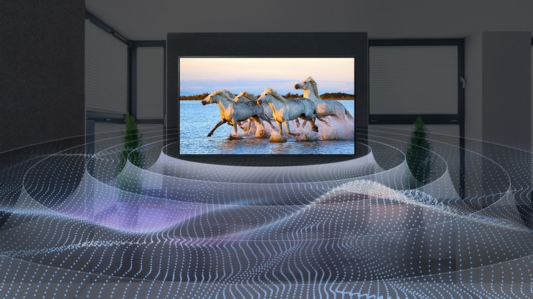 Quatre chevaux blancs courant dans l’eau sur un téléviseur avec une illustration du son surround.