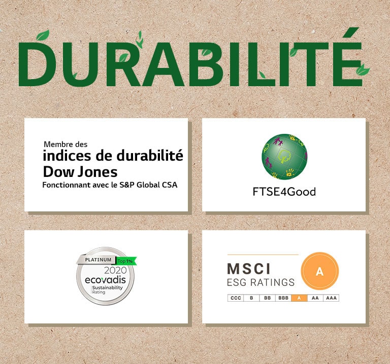 Un logo de Dow Jones Sustainability Indices (Indices de durabilité Dow Jones). Un logo de FTSE4Good. Un logo d’Ecovadis Sustainability Rating (Note de durabilité d’Ecovadis). Un logo de MSCI ESG Ratings (Notes MSCI ESG).