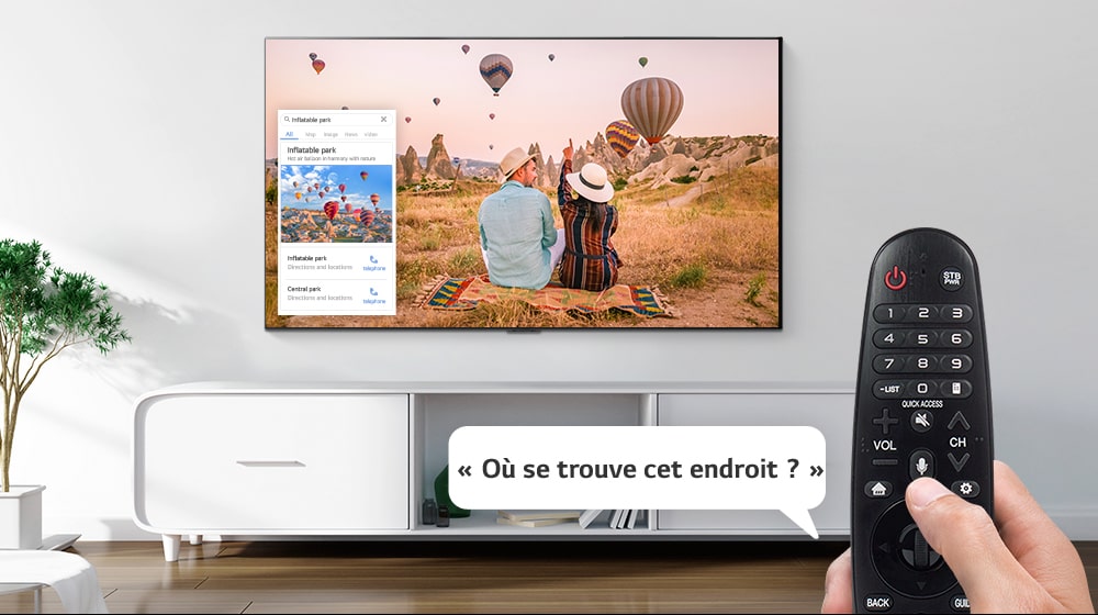 Gros plan d’une main qui contrôle le téléviseur avec une télécommande pour demander où se trouve l’endroit montré à l’écran.