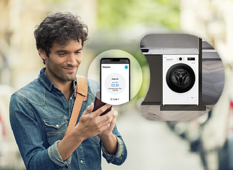 Un homme contrôle le lave-linge LG à distance via une application ThinQ®.