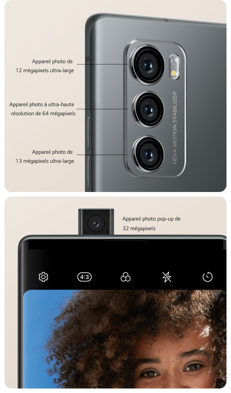 Vue arrière d’un smartphone montrant trois appareils photo et vue avant de l’appareil photo pop-up.