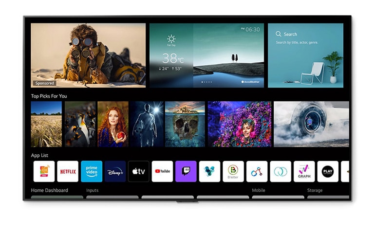 Un écran de téléviseur affichant la météo, les meilleures sélections, les applications et le tableau de bord Accueil pour le confort des utilisateurs.