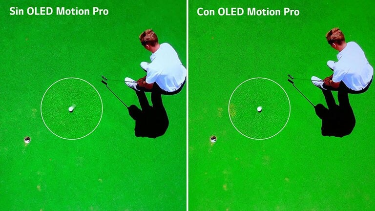 Une image d’un joueur de golf frappant une balle de golf vers le trou puis une vue rapprochée d’une balle de golf floue se trouve à gauche avec le texte « Sans OLED Motion Pro » en haut à gauche de l’image. Une image d’un joueur de golf frappant une balle de golf vers le trou puis une vue rapprochée d’une balle de golf plus claire se trouve à droite avec le texte « Avec OLED Motion Pro » en haut à gauche de l’image.