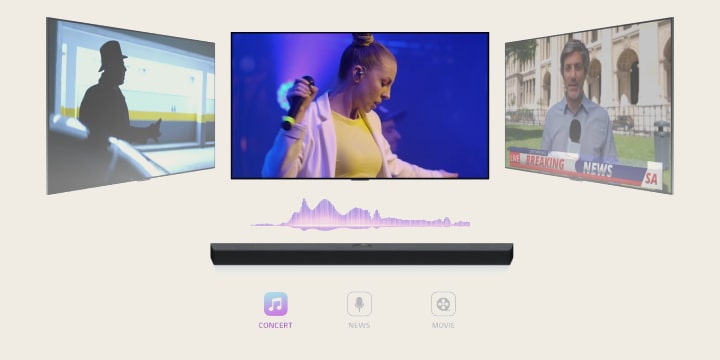 LG Soundbar muestra tres pantallas de TV diferentes. El que está directamente arriba toca primero un concierto de música con una mujer cantando. La pantalla de televisión que muestra una transmisión de noticias se mueve hacia el medio y comienza a reproducirse. Luego, la pantalla del televisor que muestra una escena de acción con una mujer corriendo escaleras arriba se mueve hacia el centro y comienza a jugar. Entre el televisor y la barra de sonido, hay una onda de sonido que cambia de color cada vez que la pantalla del televisor cambia entre sí, en correlación con el género. 