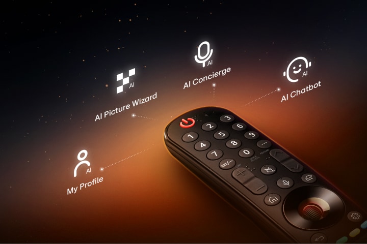 Un LG Magic Remote sobre un fondo negro, con una suave luz naranja que emana desde el frente. Cuatro íconos etiquetados aparecen alrededor del Magic Remote, conectados por delgadas líneas punteadas: Mi perfil, Asistente de imágenes con IA, Asistente con IA y Chatbot de IA.