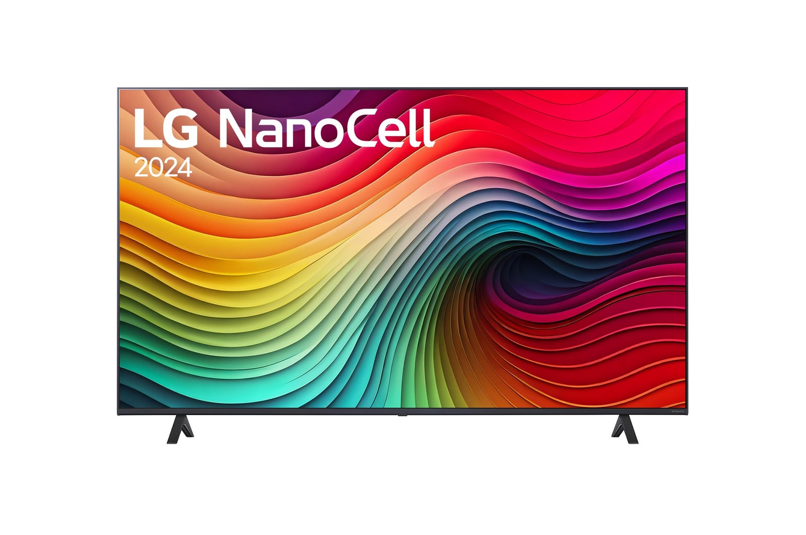 Front view of LG NanoCell TV, NANO80 with text of LG NanoCell, 2024, and webOS Re:New Program logo on screen