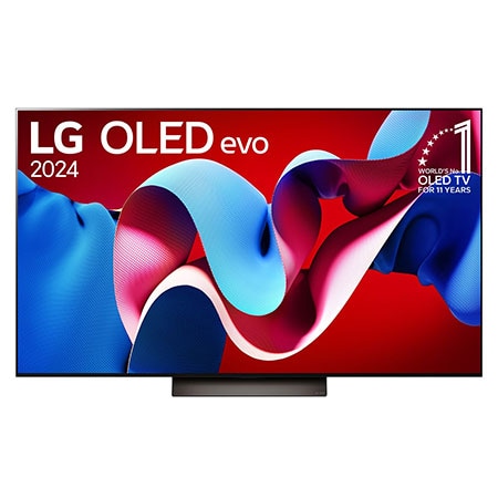 Front view with LG OLED evo TV, OLED C4, 11 Years of world number 1 OLED Emblem logo.
