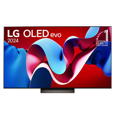 Front view with LG OLED evo TV, OLED C4, 11 Years of world number 1 OLED Emblem logo.