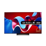 Front view with LG OLED evo TV, OLED C4, 11 Years of world number 1 OLED Emblem logo and webOS Re:New Program logo on screen