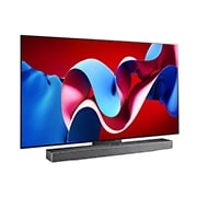 Slightly-angled right-facing side view of LG OLED evo TV, OLED C4 with LG Soundbar below