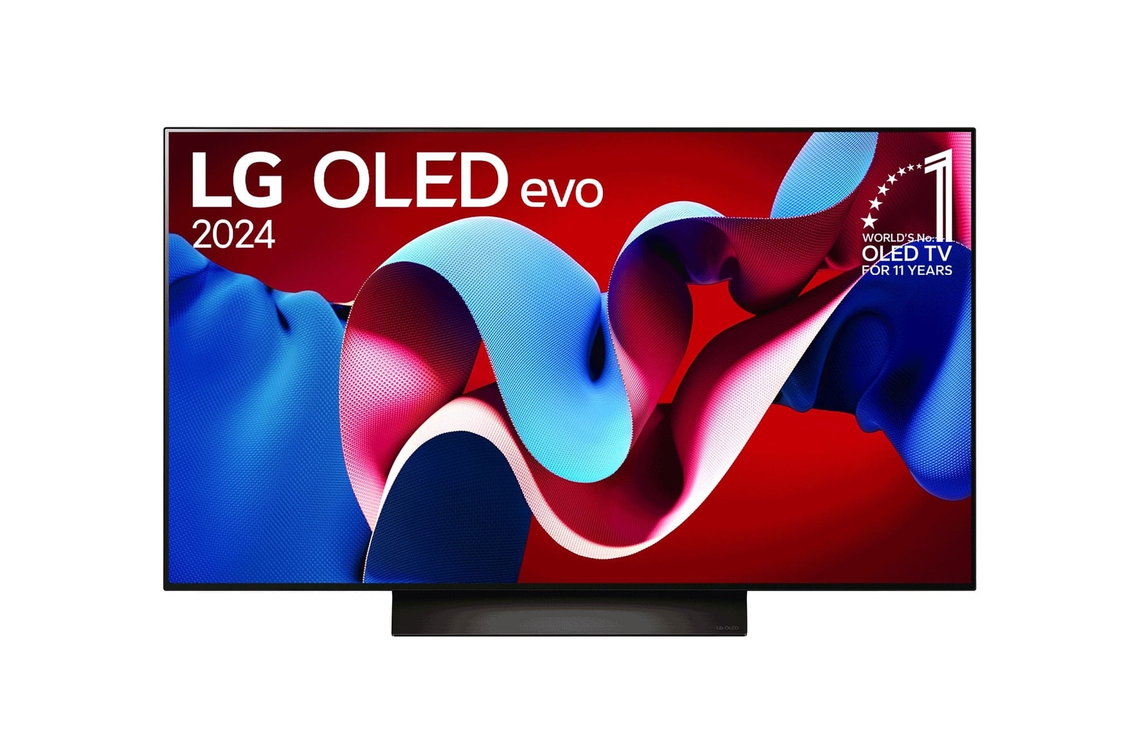 Front view with LG OLED evo TV, OLED C4, 11 Years of world number 1 OLED Emblem.