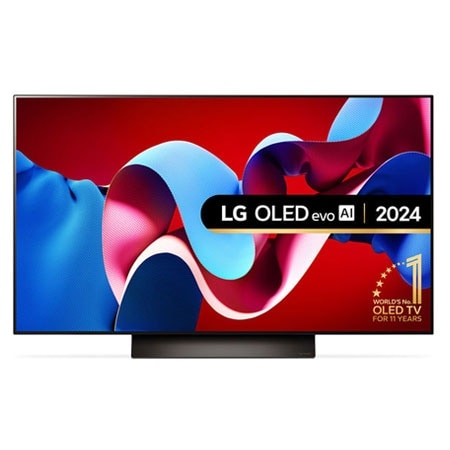 Front view with LG OLED evo TV, OLED C4, 11 Years of world number 1 OLED Emblem.