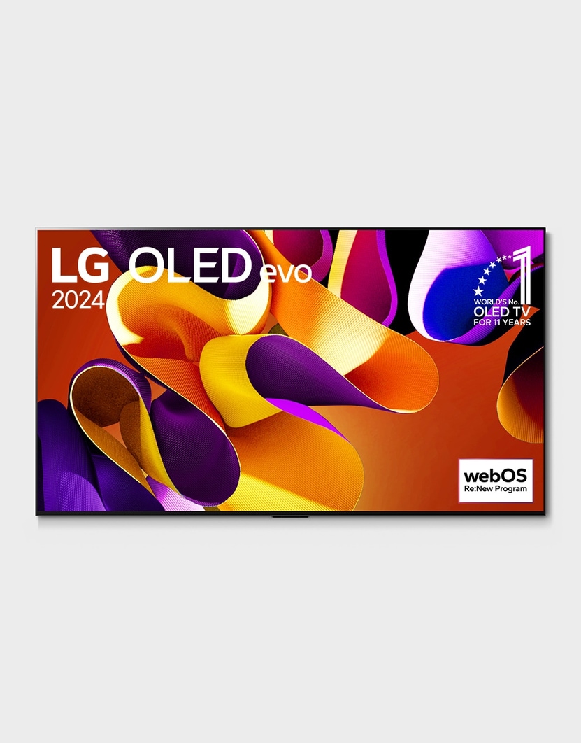 Front view with LG OLED evo TV, OLED G4, 11 Years of world number 1 OLED Emblem, and 5-Year Panel Warranty logo on screen