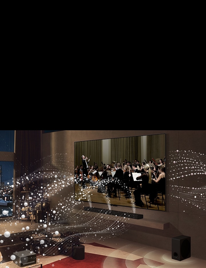 Se reproduce un concierto en el LG OLED evo M4 y se emiten círculos blancos del televisor y la LG Soundbar por la habitación. 