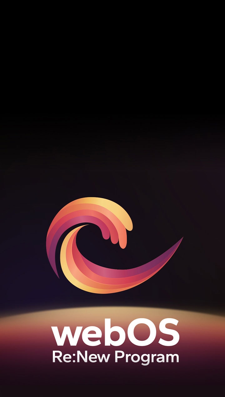 El logotio de webOS deslazándose en el centro de un fondo negro, y el espacio debajo está iluminado con los colores rojo, naranja y amarillo del logotipo. Las palabras “webOS Re:New Program” están debajo del logotipo.