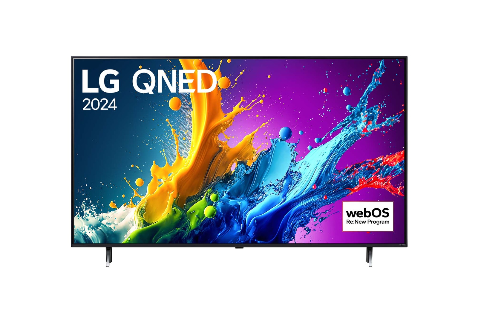 Front view of LG QNED TV, QNED90 with text of LG QNED MiniLED, 2024, and webOS Re:New Program logo on screen