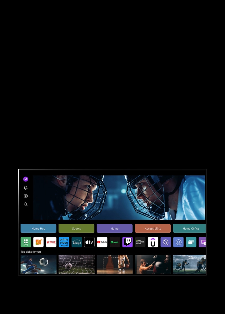 En la pantalla de una LG TV se muestra la sección My Profile. En el tercer lugar, un anuncio de Tangible Wonders. Por debajo del anuncio, se muestran los siguientes botones: Home Hub, Deportes, Videojuegos, Accesibilidad, Oficina en casa. Abajo de los botones, se muestran los siguientes logotipos: LG Channels, Netflix, Prime Video, Disney+, Apple TV, YouTube, Spotify, Twitch, GeForce Now, y Udemy. Abajo de los logotipos, aparecen 5 miniaturas de películas con el texto “Mejores elecciones para ti”.   En la esquina superior izquierda, un cursor hace clic en la “S” inicial. Se abre un menú desplegable de la cuenta de LG y se muestran cinco nombres. El cursor hace clic en el segundo al tiempo que las miniaturas y el contenido recomendado en la pantalla cambian.