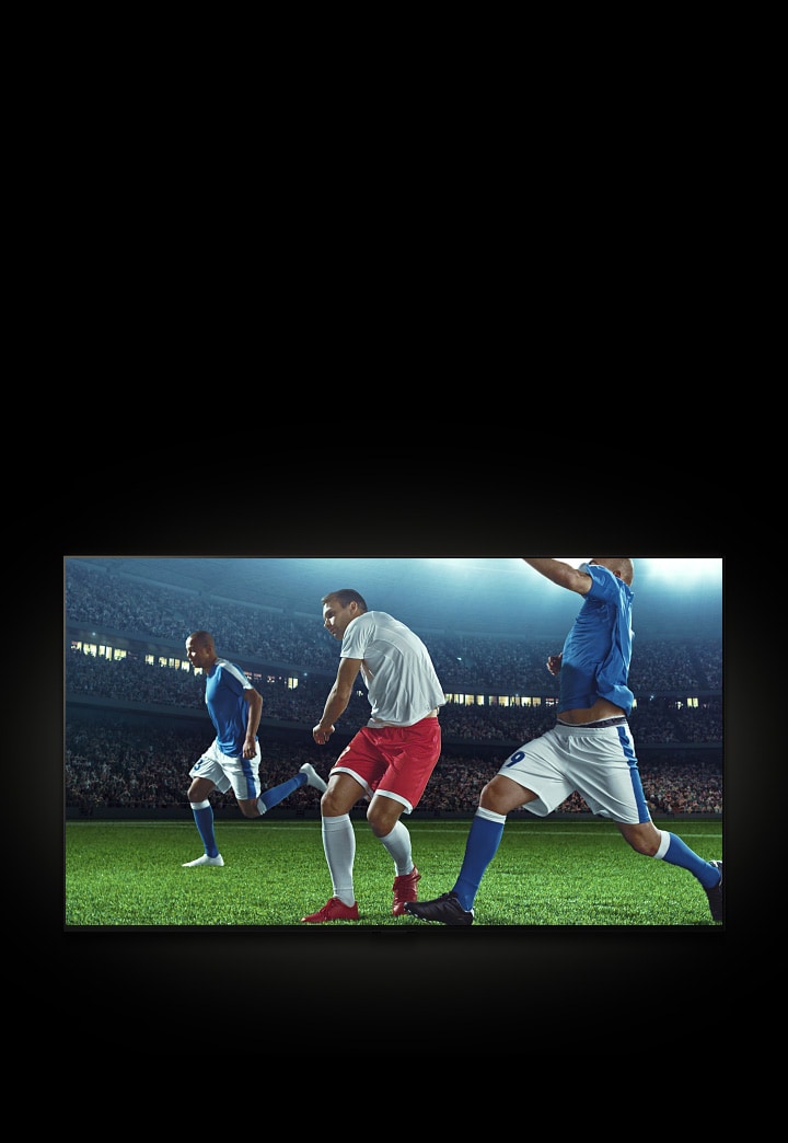 Un cursor hace clic en el Modo de imagen y cambia de Vívido a Sports. El partido de fútbol se vuelve más brillante y definido, con una acción más fluida. 