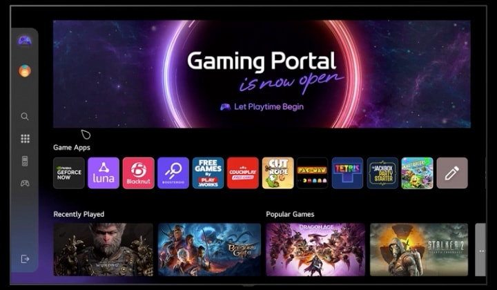 LG TV muestra la pantalla del portal de juegos al desplazarse hacia abajo por los juegos y funciones disponibles. El video muestra a un usuario que navega por el menú de configuración de la izquierda, donde se ven varias opciones de juego, como GFN, Luna, Blacknut, Boosteroid y Xbox.