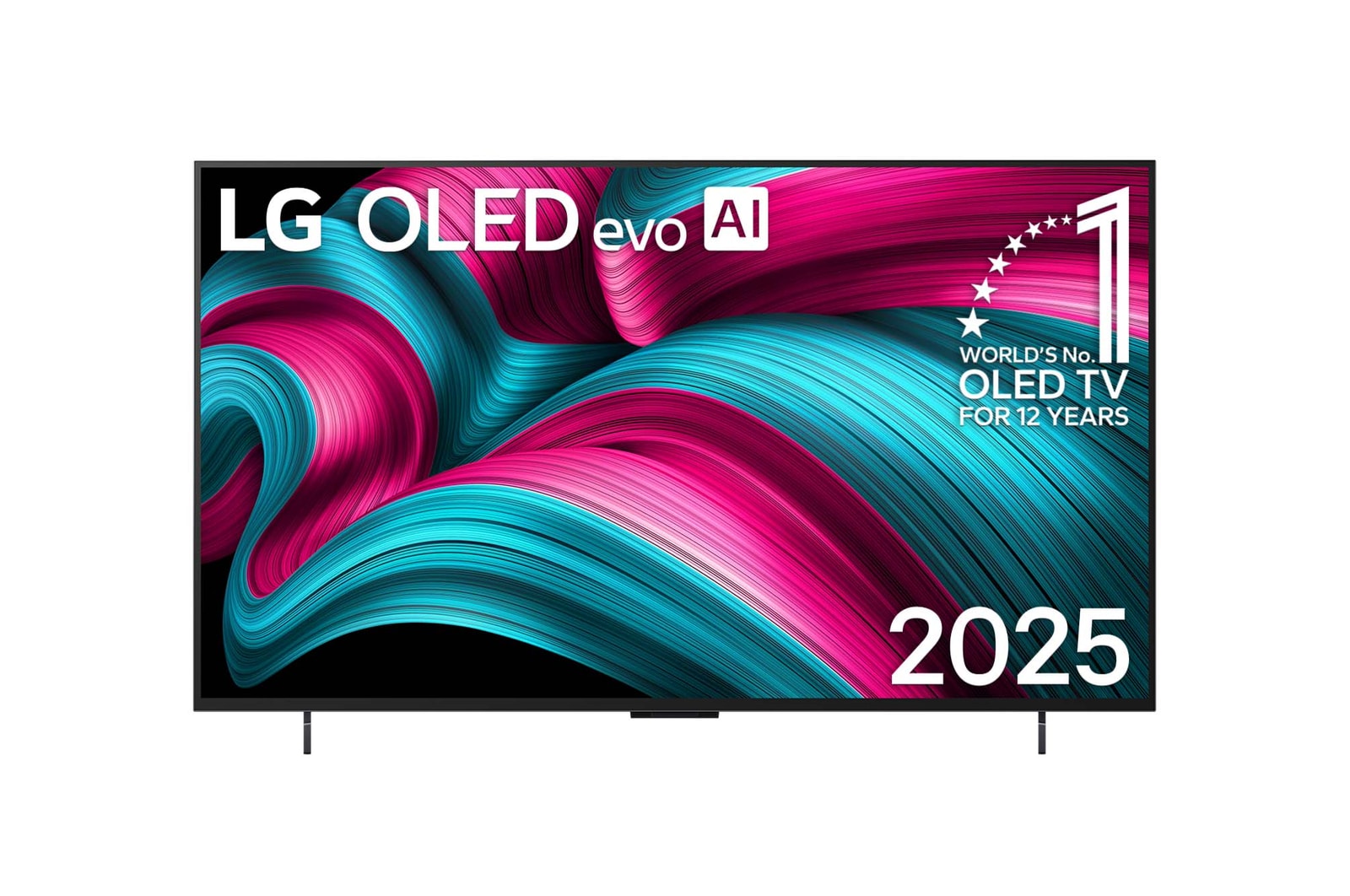 Vista de frente de la Smart TV LG OLED evo AI C5 4K. El emblema “OLED, número 1 del mundo durante 12 años” y el logotipo de LG OLED evo AI 2025 aparecen en la pantalla.