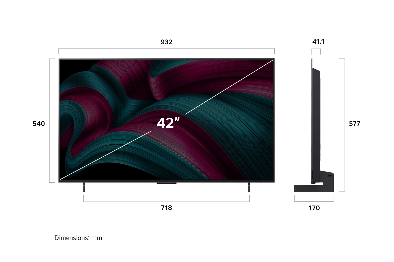 Vista de frente y lateral de la Smart TV LG OLED evo AI C5 4K en la que se ven sus dimensiones de longitud, ancho, altura y profundidad.