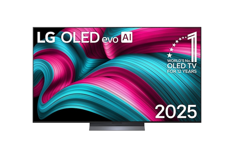 Vista de frente de la Smart TV LG OLED evo AI C5 4K. El emblema “OLED, número 1 del mundo durante 12 años” y el logotipo de LG OLED evo AI 2025 aparecen en la pantalla.