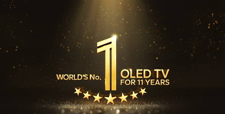 Un emblema dorado del OLED TV número 1 en el mundo durante 11 años contra un fondo negro. Un foco brilla sobre el emblema, y estrellas doradas abstractas cubren el espacio.