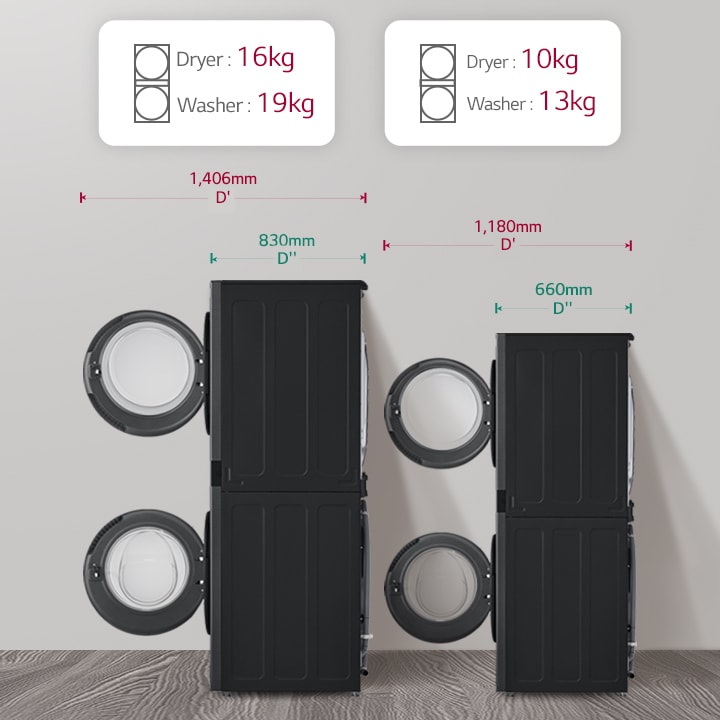 Torre de lavado frontal Nº 1 producto se puede secar 1,6 kg Lavado 1,9 kg, Nº 2 producto se puede secar 1,0 kg Lavado 1,3 kg
