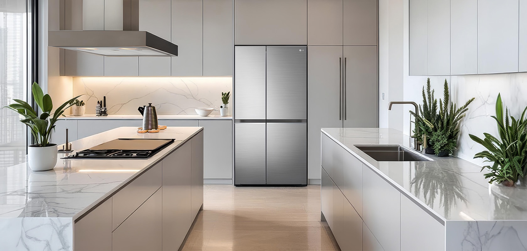 Otra vista de una cocina moderna con refrigerador LG e interiores elegantes.