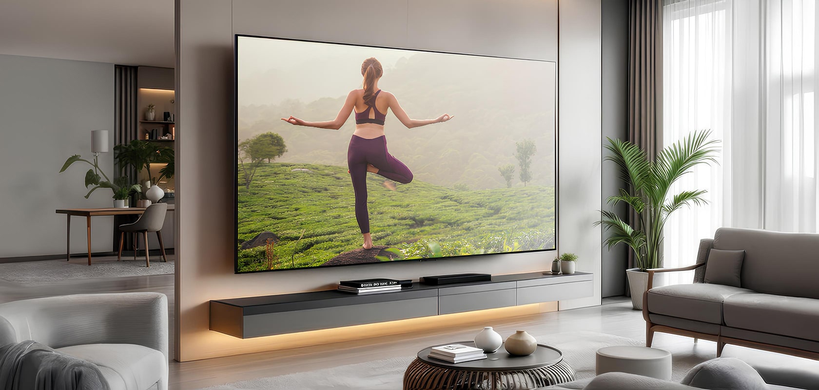 TV LG exhibida en una sala de estar espaciosa con una escena de yoga en la pantalla.