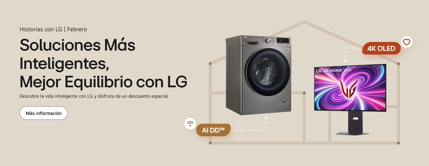 Una elegante lavadora LG y un Monitor LG exhibidos lado a lado, promoviendo una vida más inteligente y equilibrada.