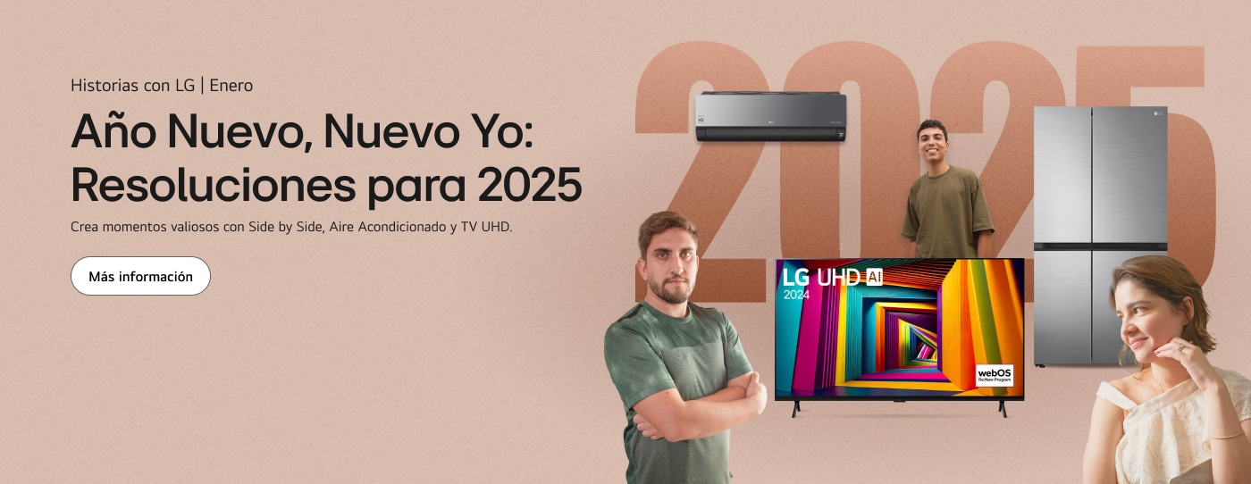 Productos LG con refrigerador, aire acondicionado y televisor, con dos hombres y una mujer sonriendo.