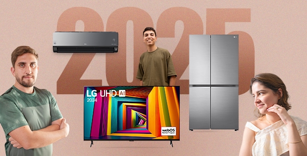 Productos LG con refrigerador, aire acondicionado y televisor, con dos hombres y una mujer sonriendo.