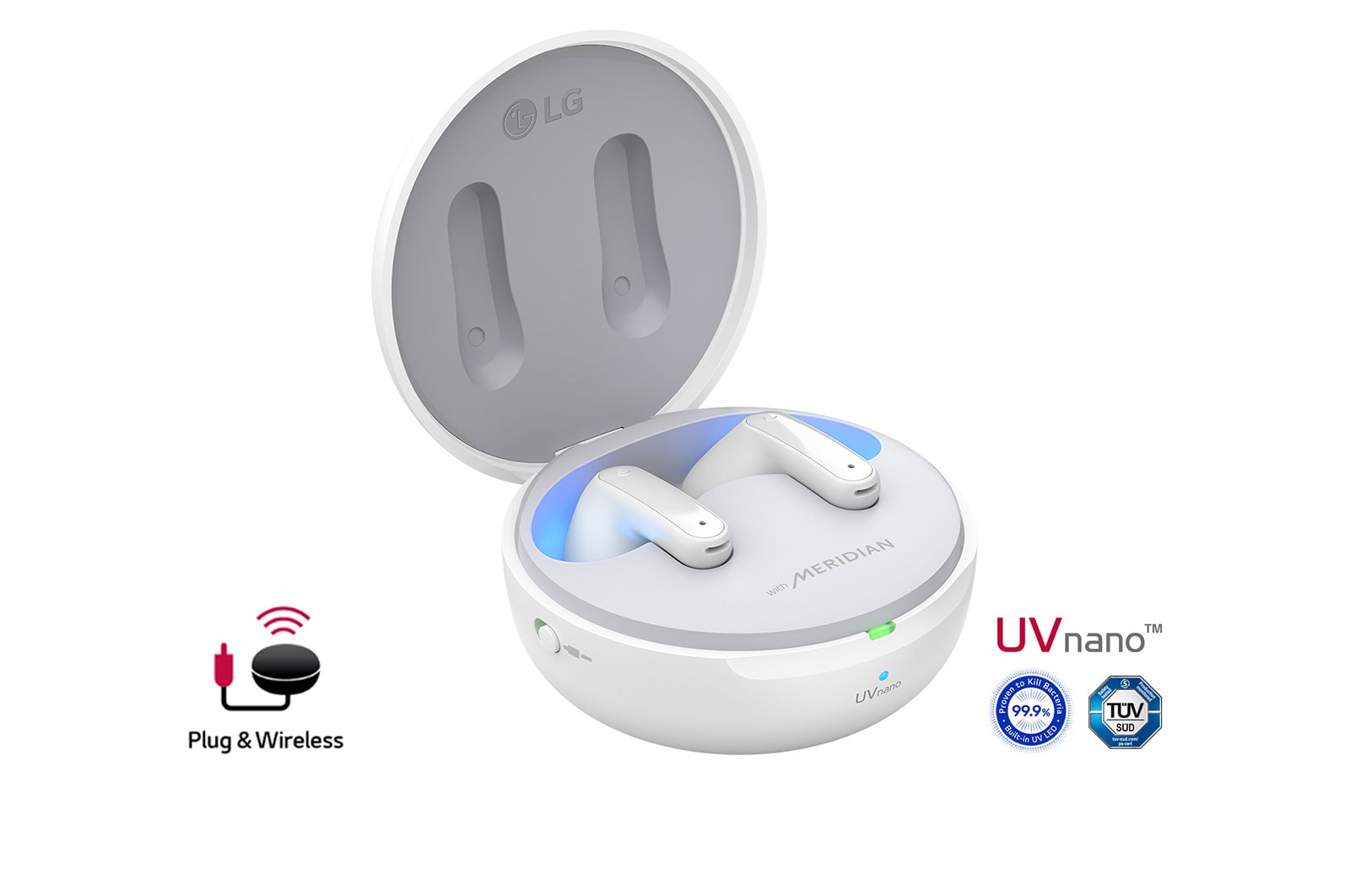 LG TONE Free FP9W – UVNano 99,9%, Audífonos inalámbricos Bluetooth (TWS) con Meridian Sound, micrófono dual para trabajo / oficina en casa, compatible con iPhone / Android, carga inalámbrica y rápida, TONE-FP9W