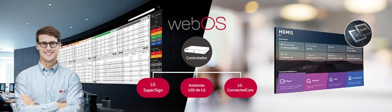 The LG employee is remotely monitoring the GSED series installed in a different place by using a cloud-based LG monitoring solution. System controller with webOS enables GSED series to be compatible with LG software solutions.