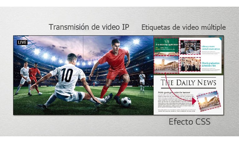 Un lado de la pared de video está transmitiendo en vivo un partido de fútbol, mientras que el otro lado de la pantalla utiliza efectos CSS para agregar más contenido.