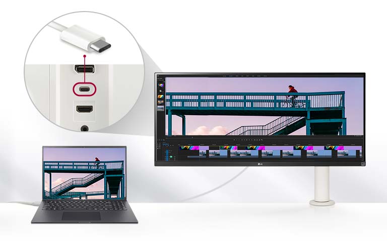 La imagen muestra que el monitor y la computadora portátil están conectados con el cable USB Type-C.