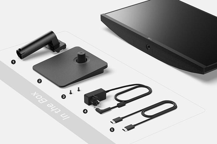 Stand body, Stand base, Screws, Adapter+Power code and HDMI cable in the box.