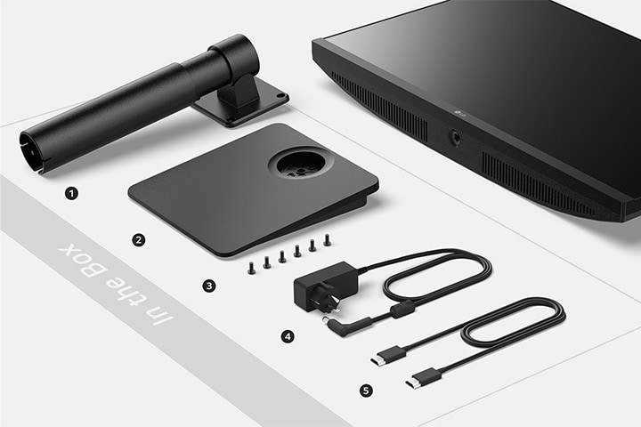 Stand body, Stand base, Screws, Adapter+Power code and HDMI cable in the box.Cuerpo del soporte, base del soporte, tornillos, adaptador+código de alimentación y cable HDMI en la caja. 