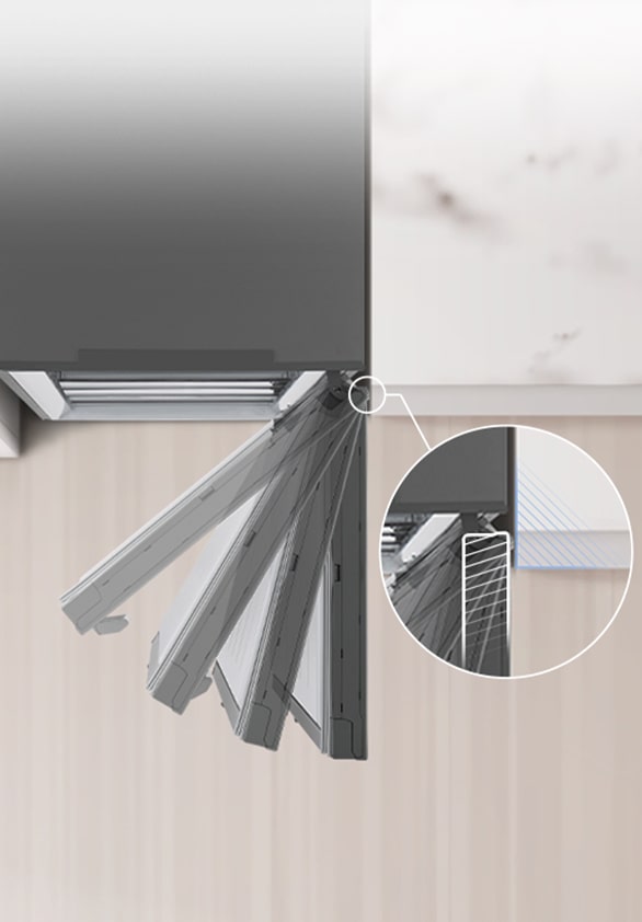 Vista aérea del refrigerador instalado junto a la pared con espacio libre nulo de la bisagra de la puerta.