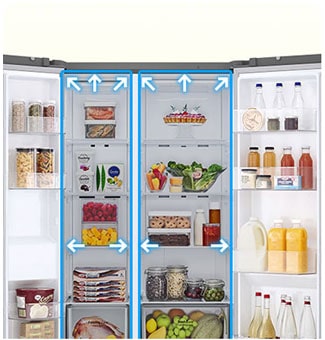 Una vista del interior de un refrigerador espacioso resaltando su gran capacidad con ilustraciones