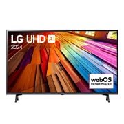 Front view of LG UHD TV, UT80 with text of LG UHD AI, 2024, and webOS Re:New Program logo on screen