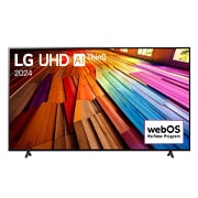 Vista frontal del televisor LG UHD, UT80 con el texto de LG UHD AI ThinQ, 2024, y el logotipo de webOS Re: Nuevo Programa en pantalla.