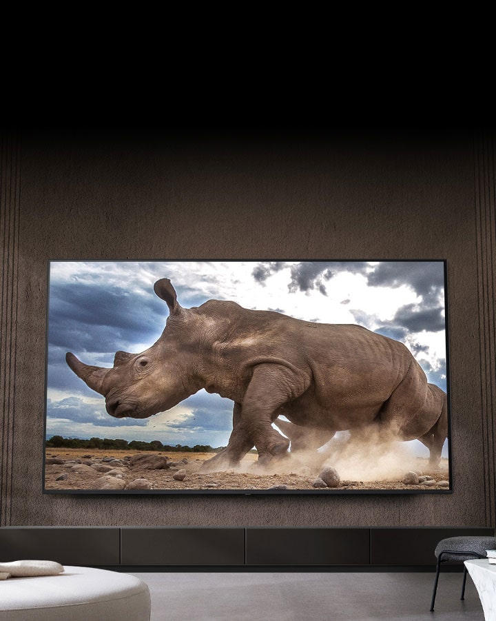 Un rinoceronte en un ambiente de safari se muestra en un TV LG Ultra Big, montado en la pared marrón de un salón rodeado de muebles modulares de color crema.