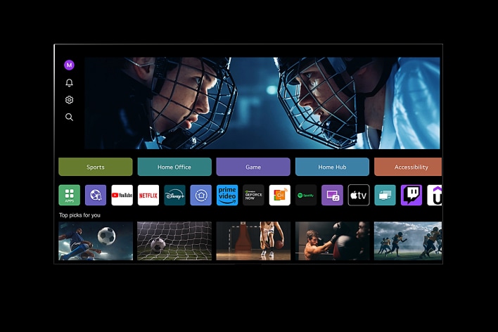 Un televisor LG muestra My Profile. El cursor pasa por encima del botón Sports y el texto cambia a "Toda la información deportiva". El cursor hace clic y la pantalla muestra Sports Portal. A continuación, el cursor pasa por encima del botón Game y el texto cambia a "La mejor experiencia de juego". El cursor hace clic y la pantalla muestra la pantalla de inicio del Game.