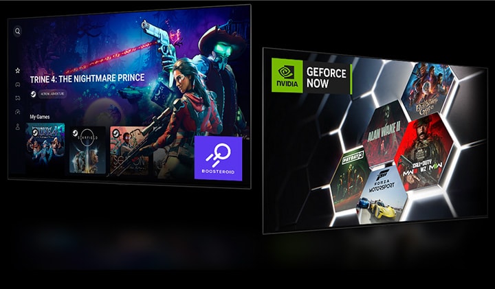 Una imagen de la pantalla de inicio de Boosteroide que muestra "Trine 4: The Nightmare Price". Una pantalla de inicio de GeForce NOW que muestra cinco miniaturas de juegos diferentes a la derecha.