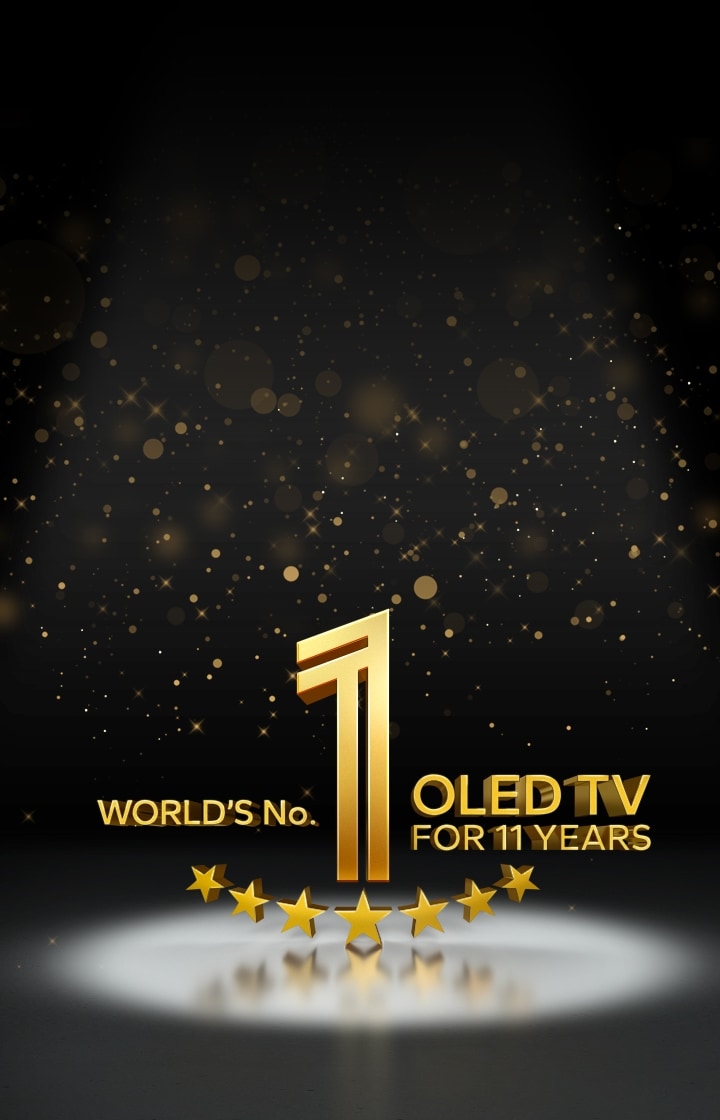 Un emblema dorado del televisor OLED número 1 del mundo durante 11 años sobre un fondo negro. Un foco brilla sobre el emblema y estrellas abstractas doradas llenan el cielo sobre él.