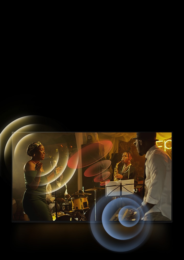Televisor LG OLED que muestra a músicos tocando, con gráficos de círculos brillantes alrededor de los micrófonos e instrumentos.