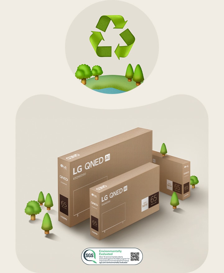 Embalaje LG QNED sobre un fondo beige con árboles ilustrados.	