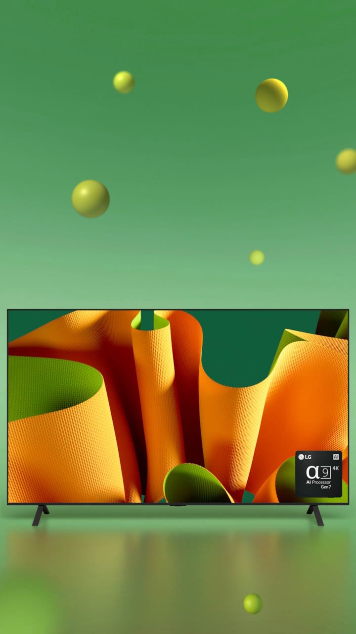 LG OLED B4 con una orientación de 45 grados hacia la izquierda con una obra de arte abstracta de color verde y naranja en la pantalla sobre un fondo verde con esferas en 3D. La OLED TV gira para quedar de frente. En la parte inferior derecha hay un logotipo del procesador alpha 9 AI de 7.ª generación de LG.